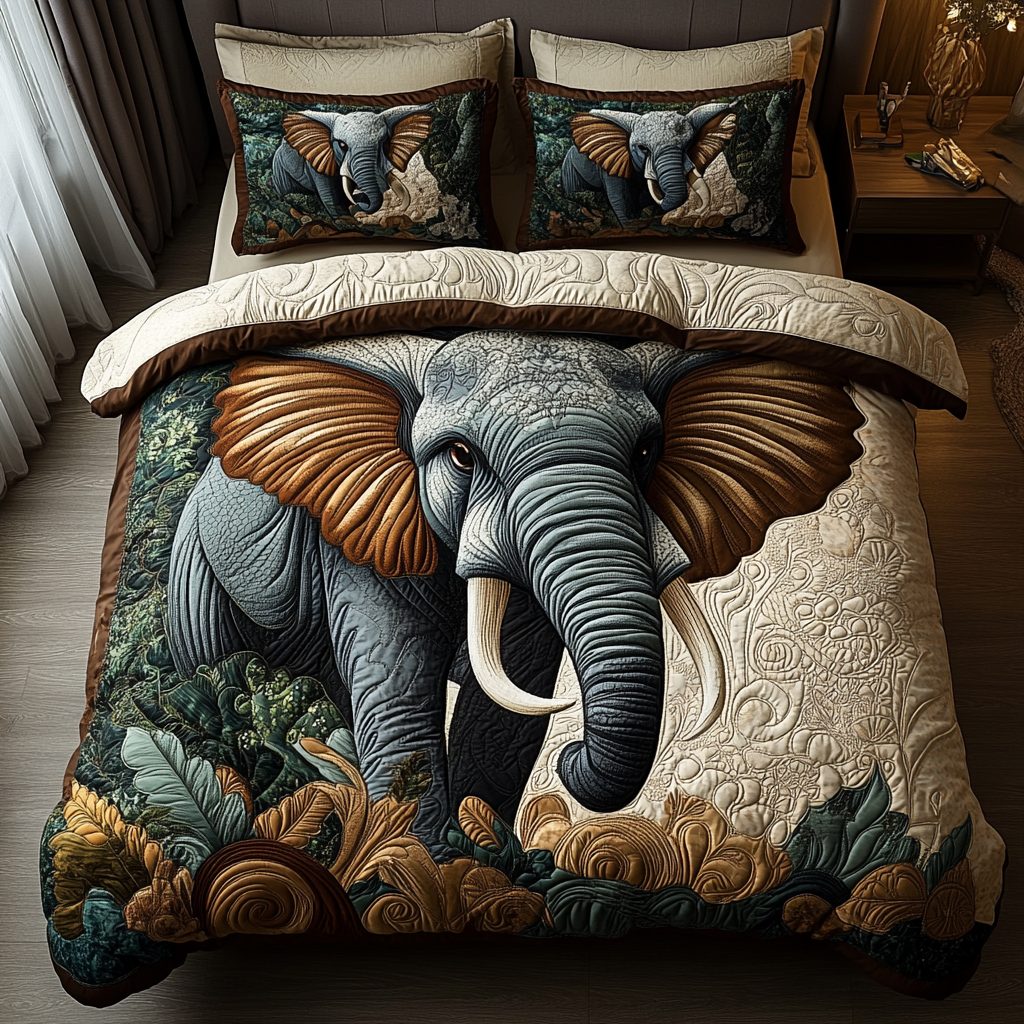 Elephant Legacy quilted 3-piece bedding set on a made bed with two matching pillow shams