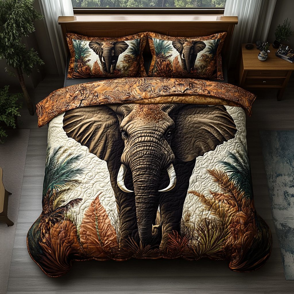 Elephant Majesty quilted 3-piece bedding set on a made bed with two matching pillow shams