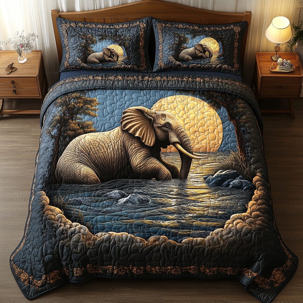 Elephant Moonlight quilted 3-piece bedding set on a made bed with two matching pillow shams
