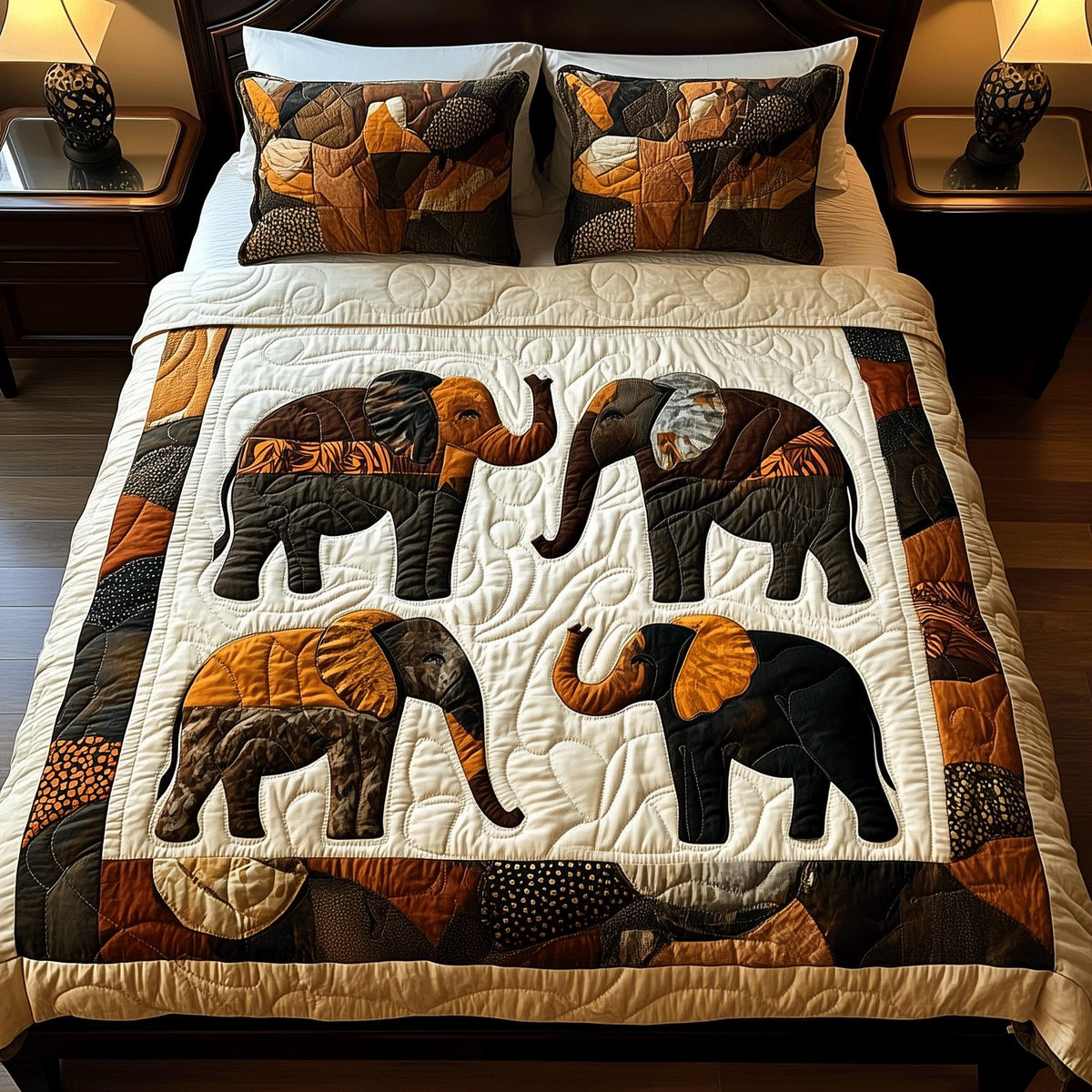 Elephant Parade quilted 3-piece bedding set on a made bed with two matching pillow shams