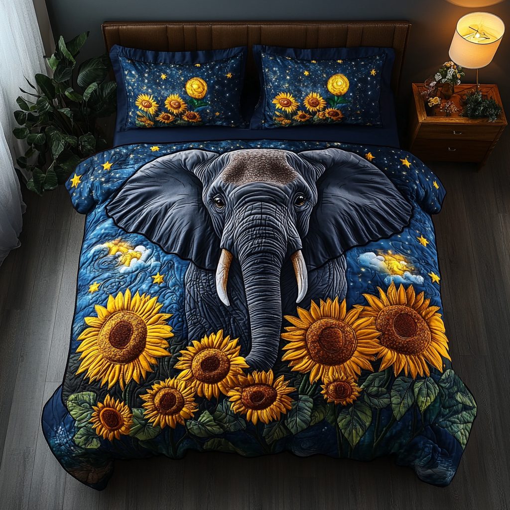 Elephant Paradise quilted 3-piece bedding set on a made bed with two matching pillow shams