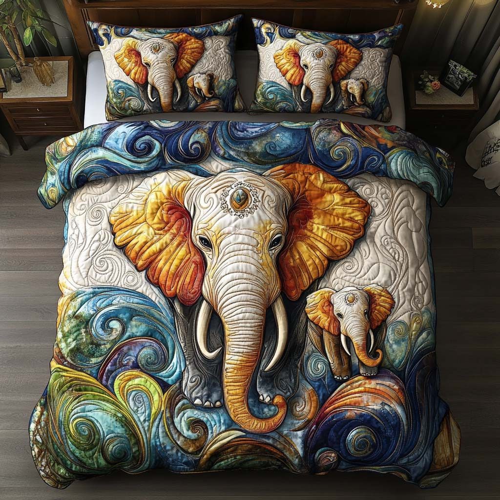 Elephant Rustic Charm quilted 3-piece bedding set on a made bed in a farmhouse bedroom