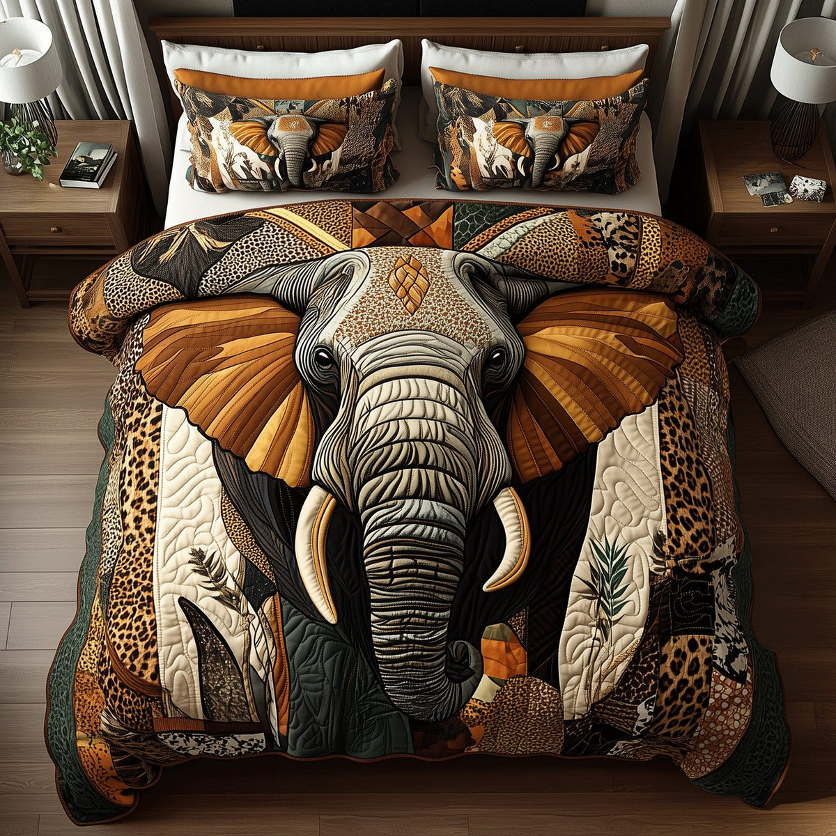Elephant Serenade quilted 3-piece bedding set on a made bed with two matching pillow shams