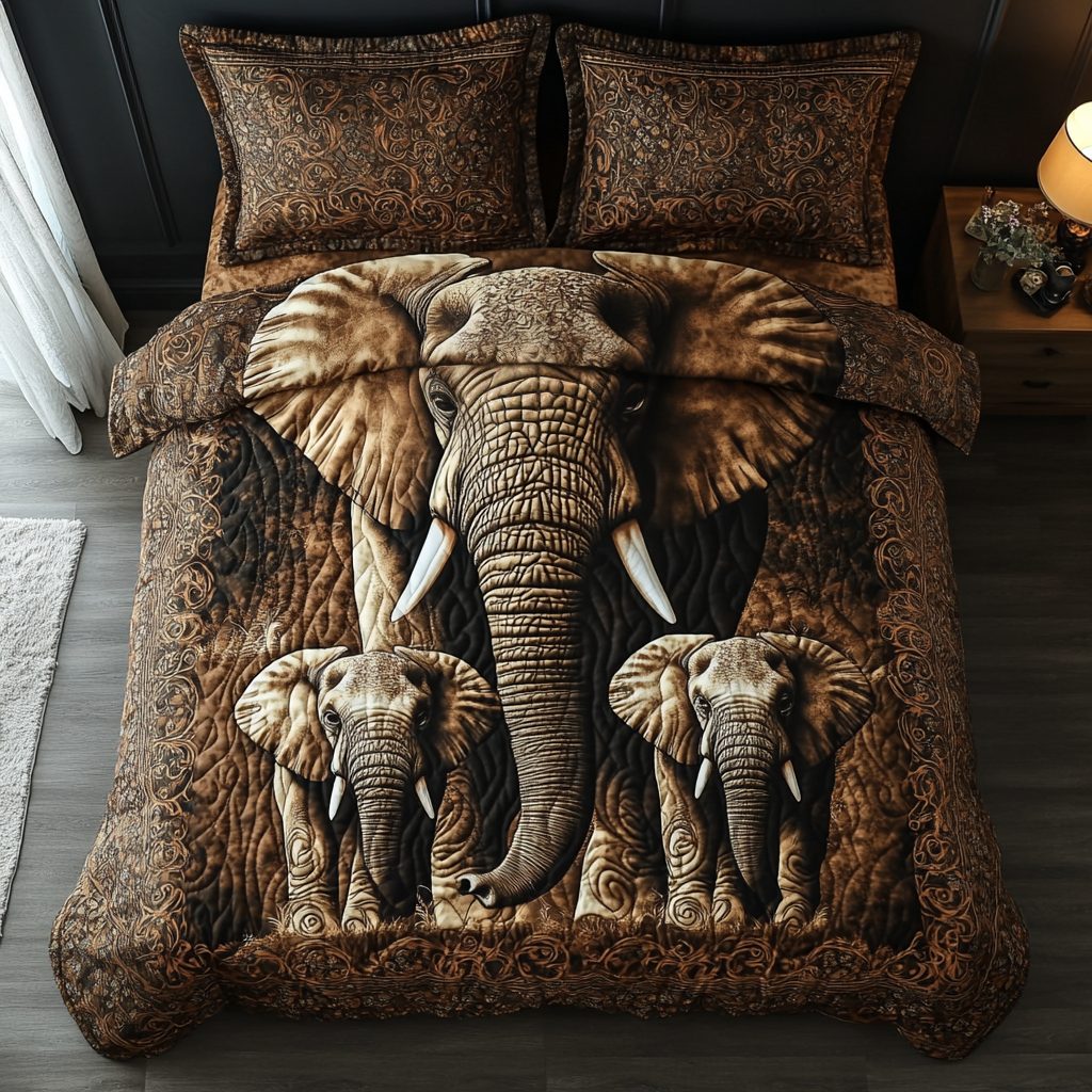 Elephant Spirit quilted 3-piece bedding set on a made bed with two matching pillow shams