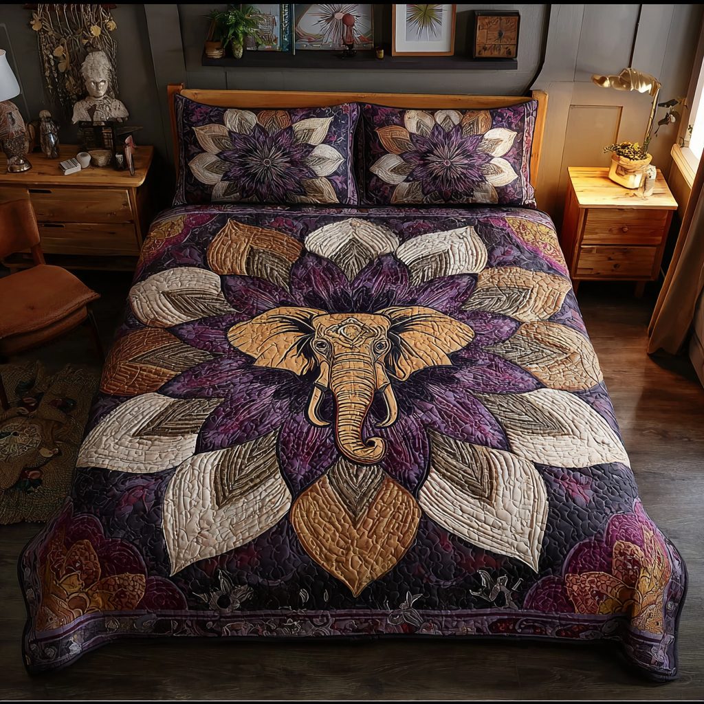 Elephant Symbol quilted 3-piece bedding set on a made bed with two matching pillow shams