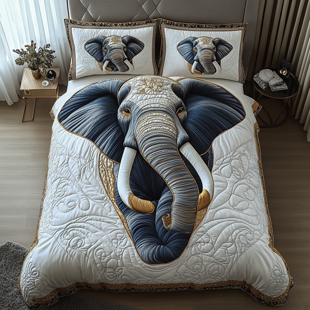 Elephant Tranquility quilted 3-piece bedding set on a made bed with two matching pillow shams