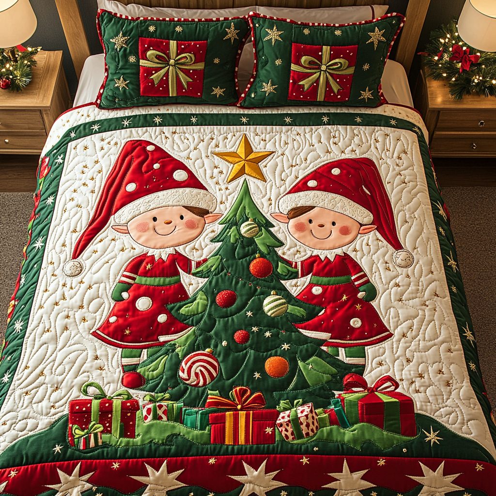 Elf Jingle Joy quilted 3-piece bedding set on a made bed in a winter-styled bedroom