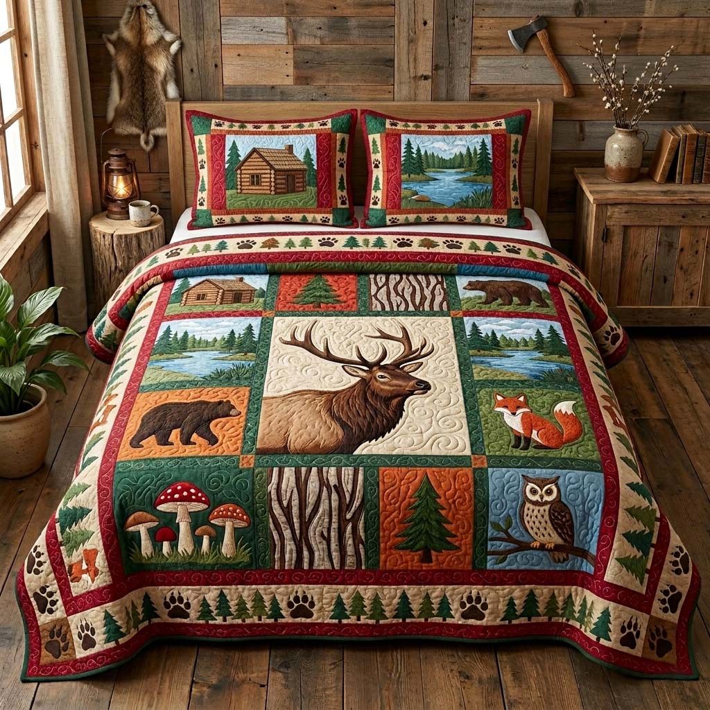 Elk Cabin quilted 3-piece bedding set on a made bed with two matching pillow shams