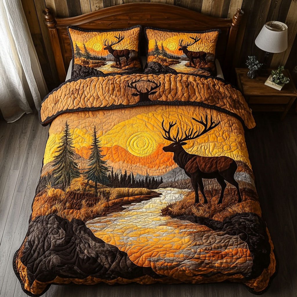 Elk Ridge Elegance quilted 3-piece bedding set on a made bed with two matching pillow shams