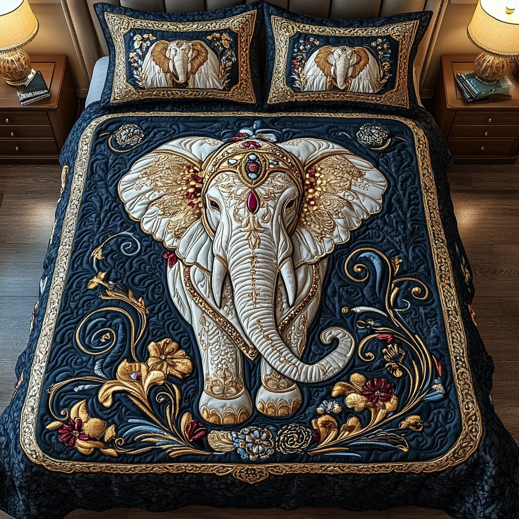 Embellished Elephant quilted 3-piece bedding set on a made bed with two matching pillow shams