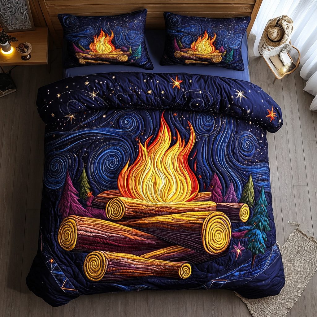 Ember Glow quilted 3-piece bedding set on a made bed with two matching pillow shams