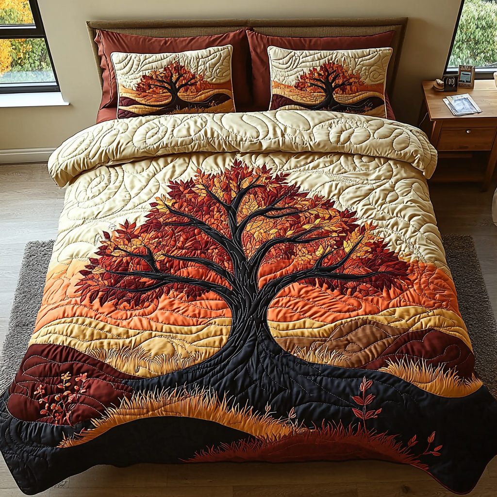 Ember Tree quilted 3-piece bedding set on a made bed with two matching pillow shams