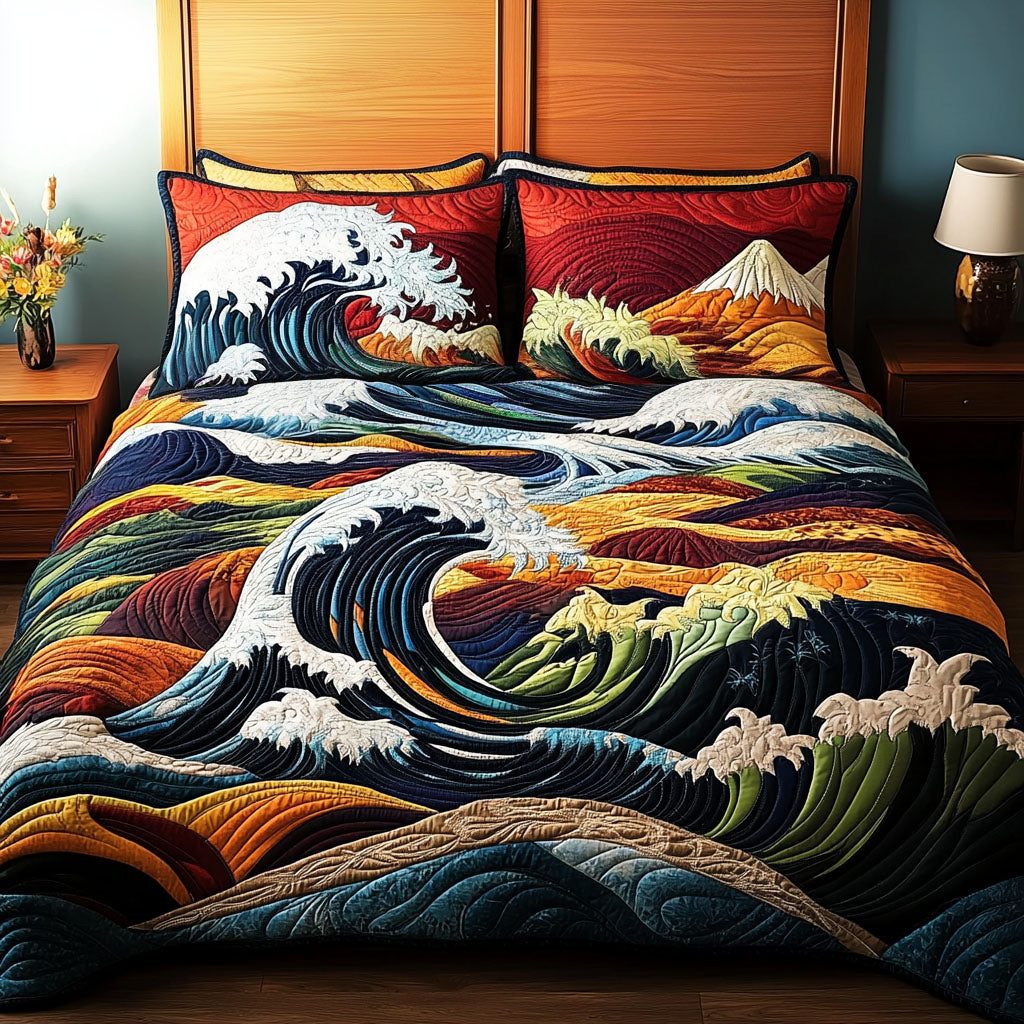 Embrace of Ocean quilted 3-piece bedding set on a made bed in a light coastal bedroom