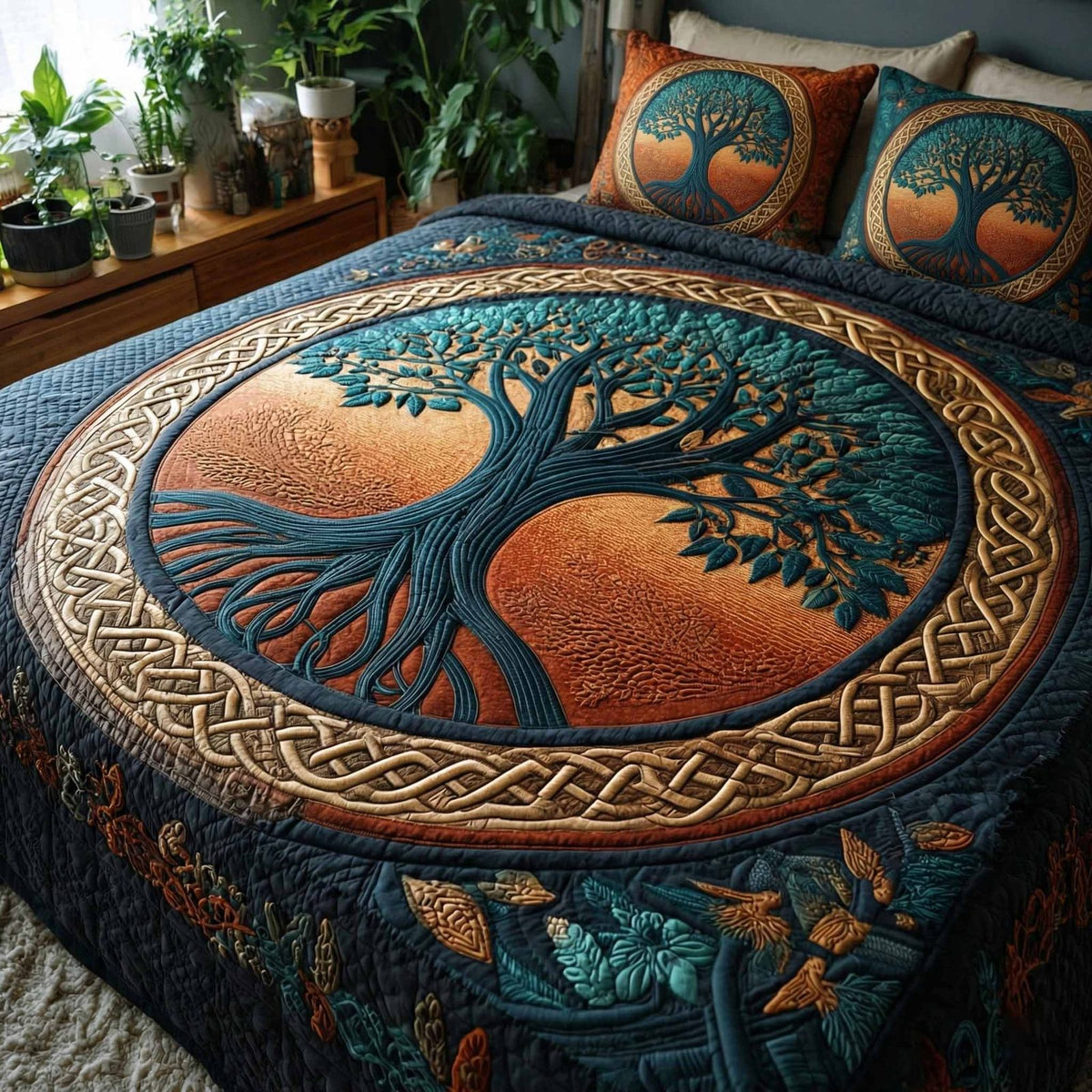 Emerald Ancestry quilted 3-piece bedding set on a made bed with two matching pillow shams