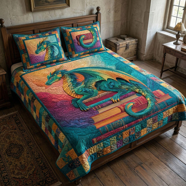 Emerald Dragon quilted 3-piece bedding set on a made bed with two matching pillow shams