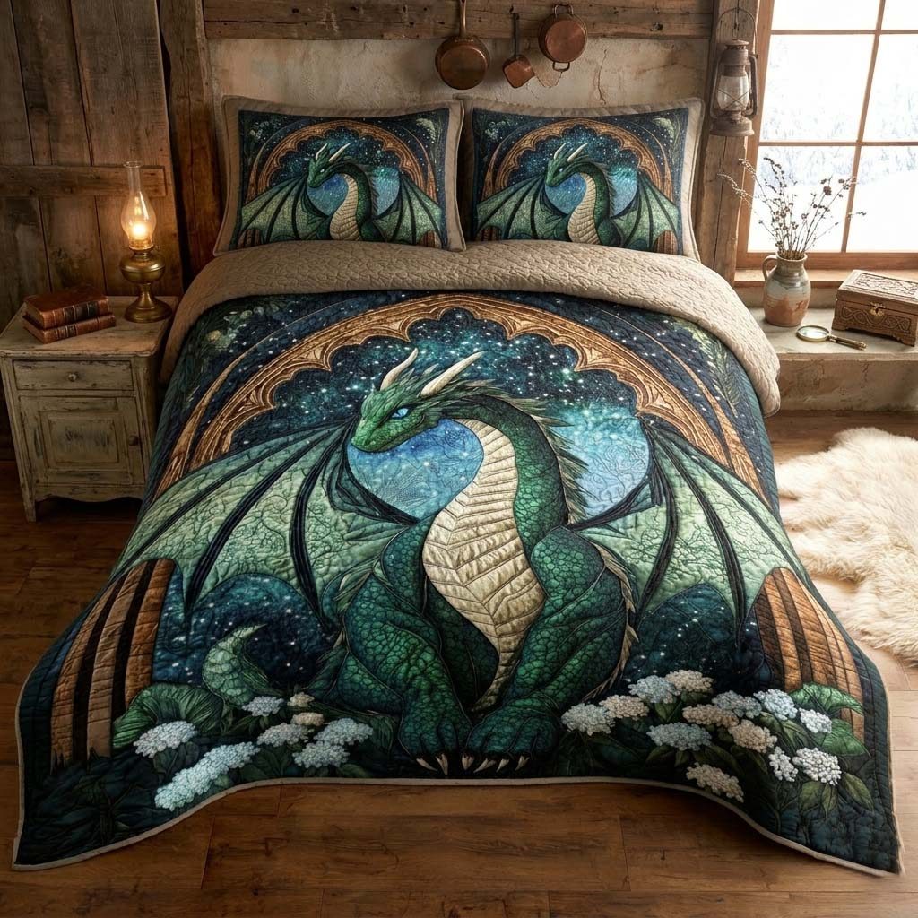 Emerald Dragon Realm quilted 3-piece bedding set on a made bed with two matching pillow shams