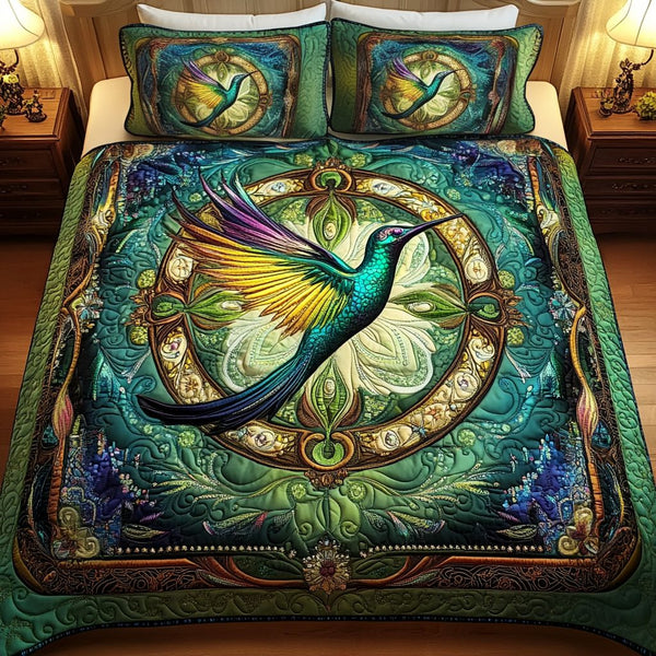 Emerald Dreams quilted 3-piece bedding set on a made bed with two matching pillow shams