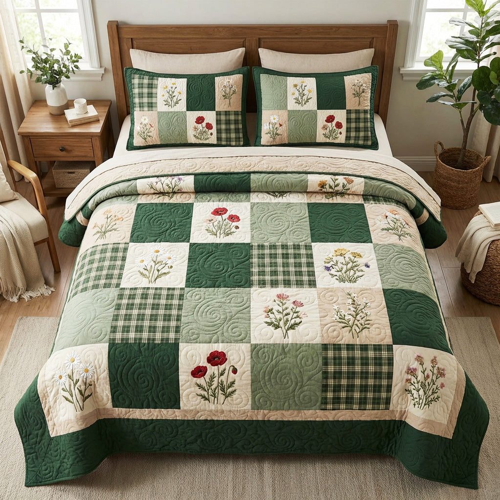 Emerald Garden quilted 3-piece bedding set on a made bed with two matching pillow shams