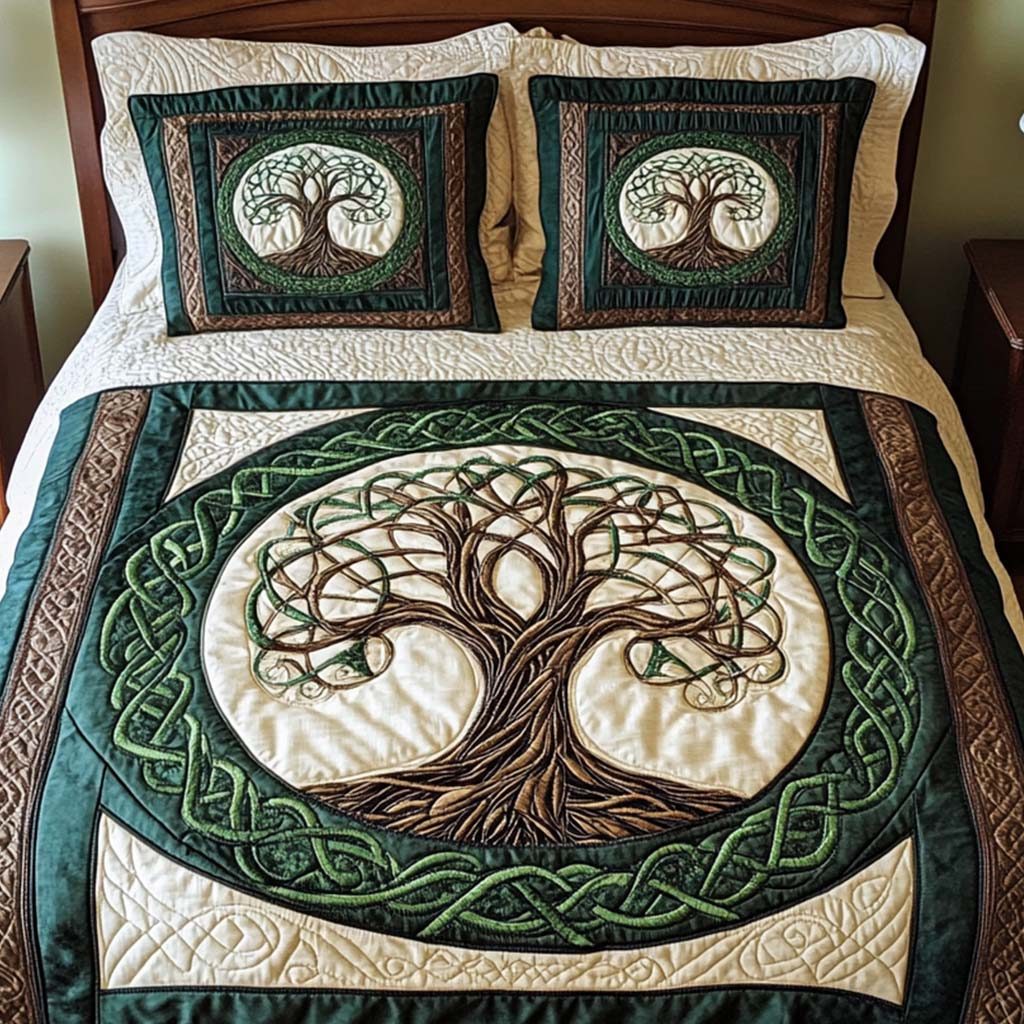 Emerald Grove quilted 3-piece bedding set on a made bed with two matching pillow shams