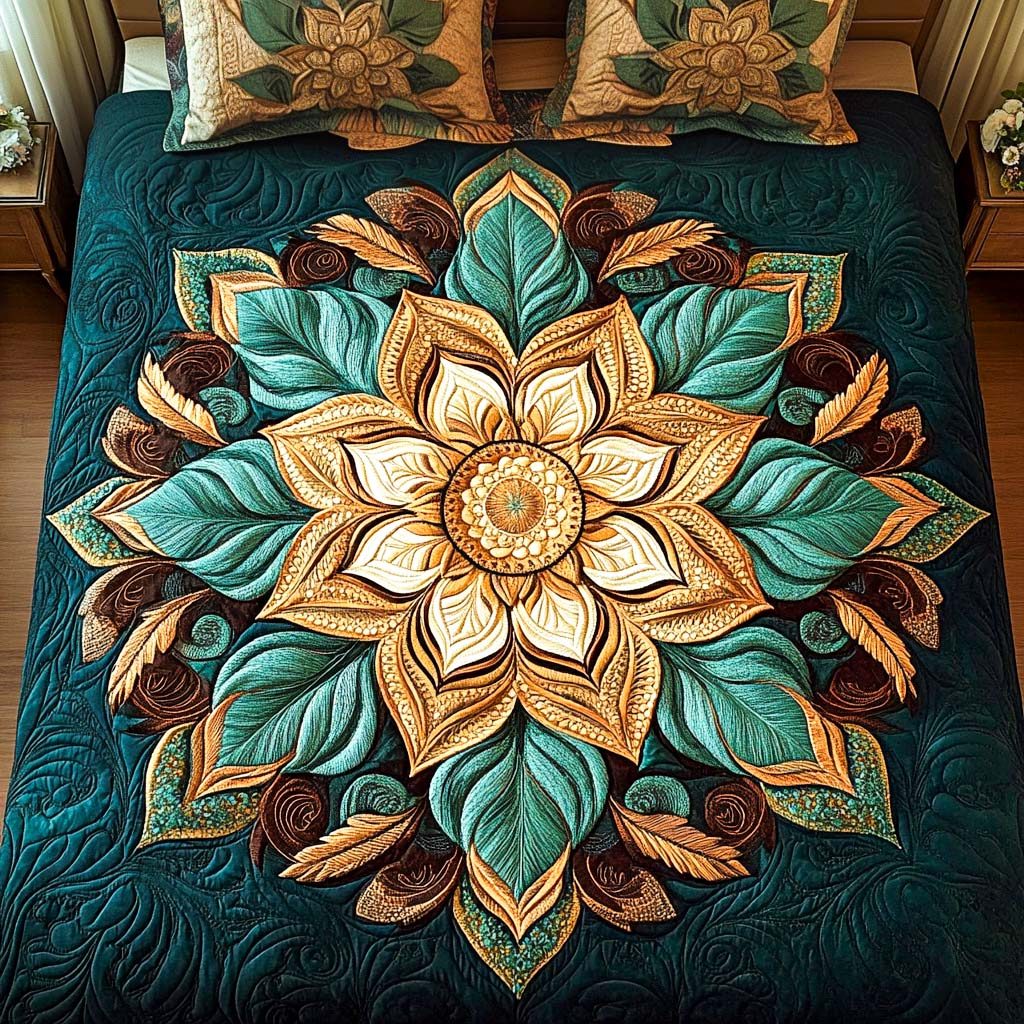 Emerald Harmony quilted 3-piece bedding set on a made bed with two matching pillow shams