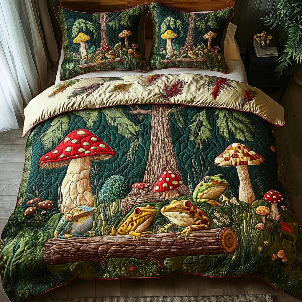 Emerald Hopper quilted 3-piece bedding set on a made bed with two matching pillow shams