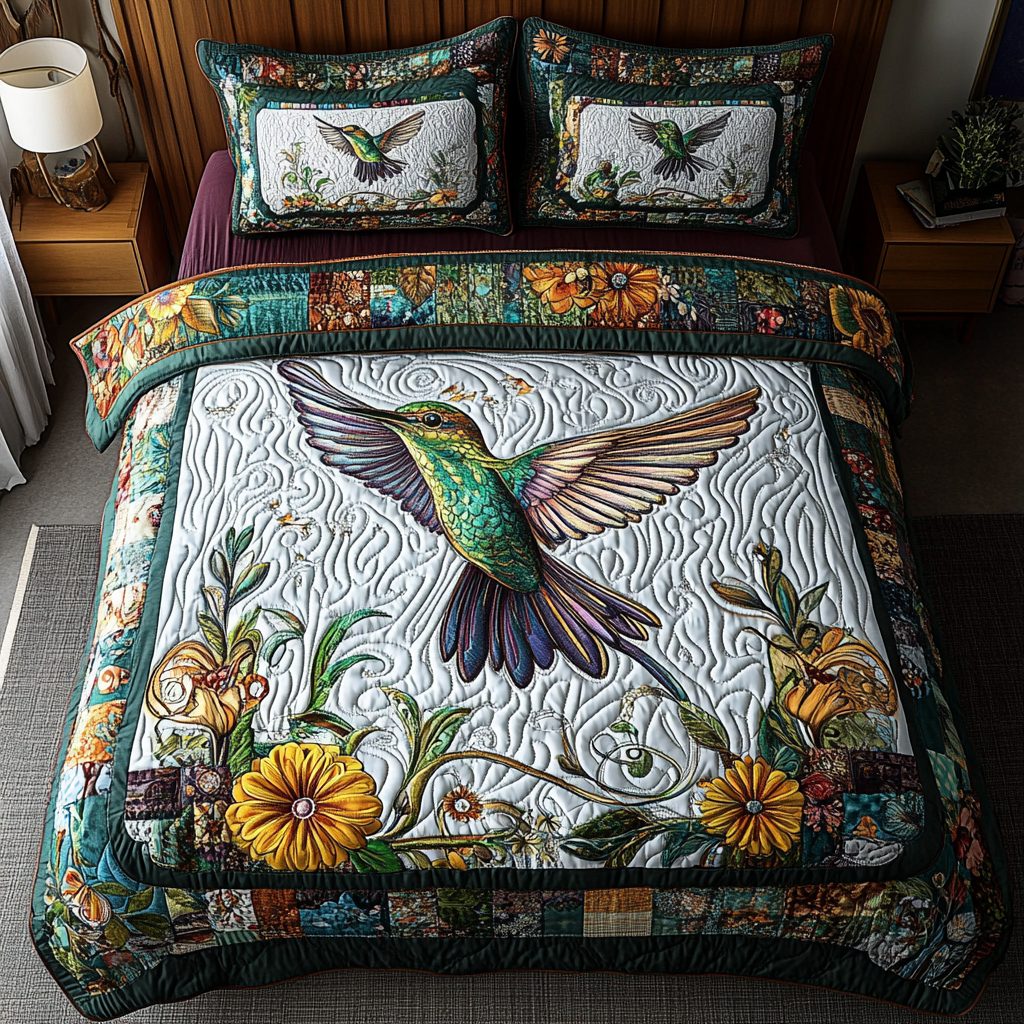 Emerald Hover quilted 3-piece bedding set on a made bed with two matching pillow shams