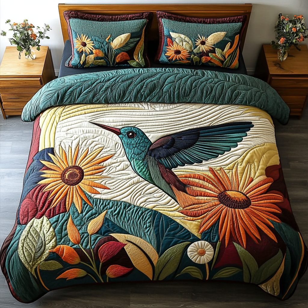 Emerald Hover quilted 3-piece bedding set on a made bed with two matching pillow shams