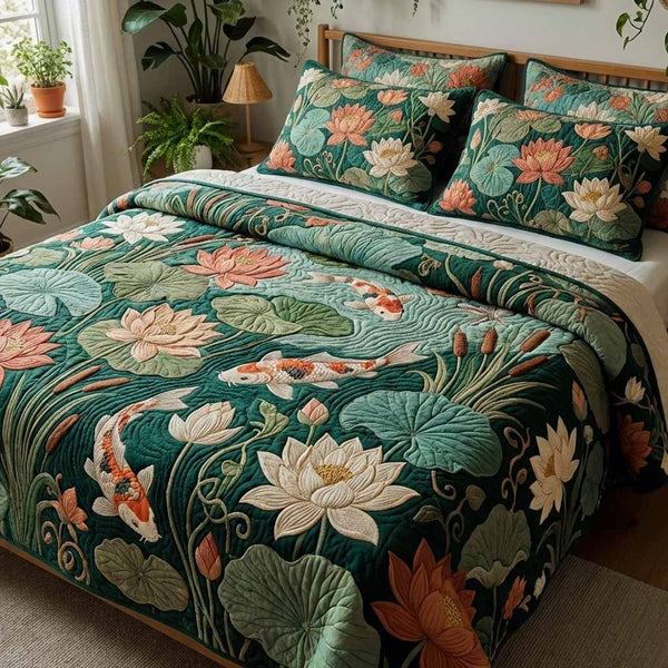 Emerald Lotus quilted 3-piece bedding set on a made bed with two matching pillow shams