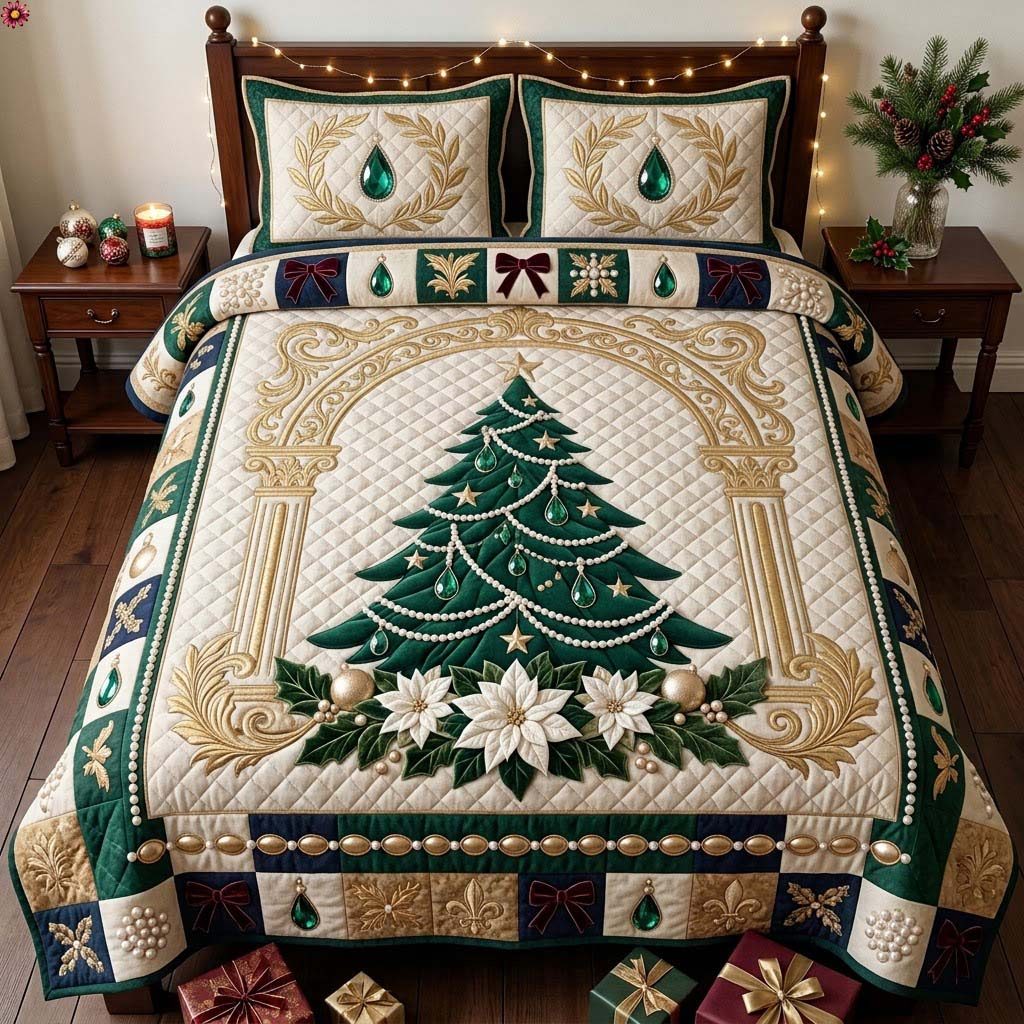 Emerald Pearl Christmas Tree quilted 3-piece bedding set on a made bed in a winter-styled bedroom