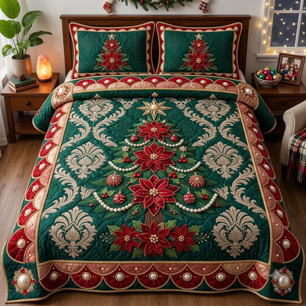 Emerald Poinsettia Jewel Tree quilted 3-piece bedding set on a made bed in a winter-styled bedroom