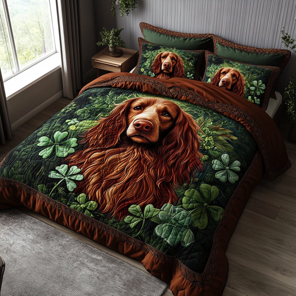 Emerald Pup quilted 3-piece bedding set on a made bed with two matching pillow shams