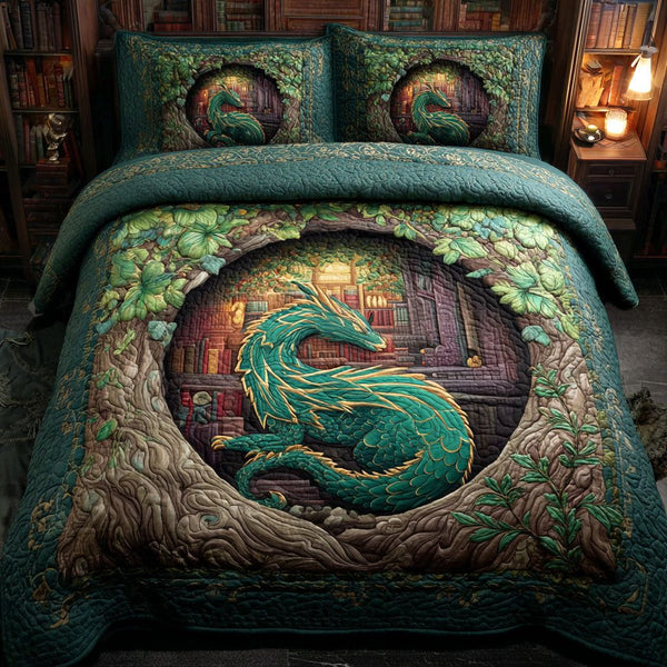 Emerald Scholar quilted 3-piece bedding set on a made bed with two matching pillow shams