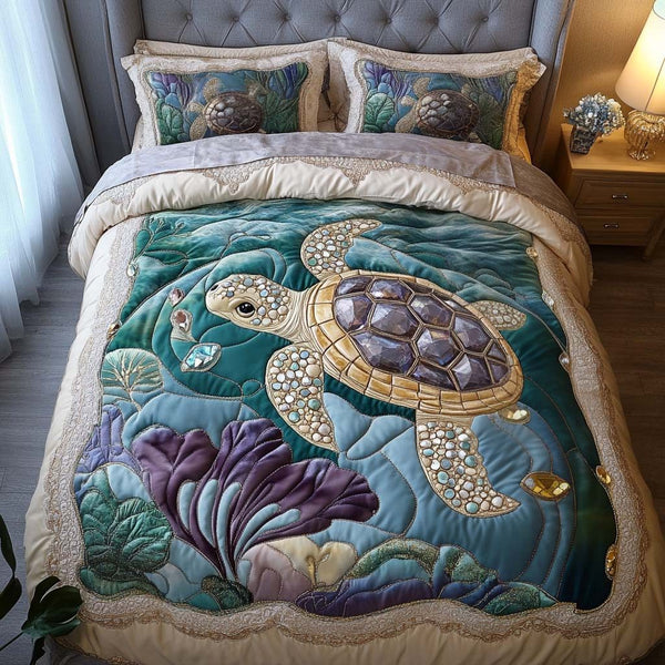 Emerald Seashell quilted 3-piece bedding set on a made bed in a light coastal bedroom
