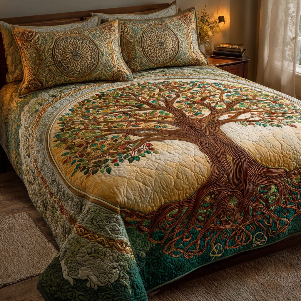 Emerald Tangle quilted 3-piece bedding set on a made bed with two matching pillow shams