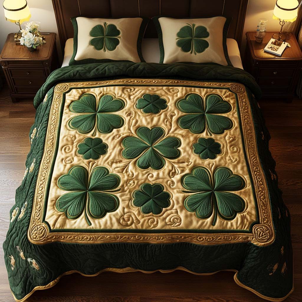 Emerald Whispers quilted 3-piece bedding set on a made bed with two matching pillow shams