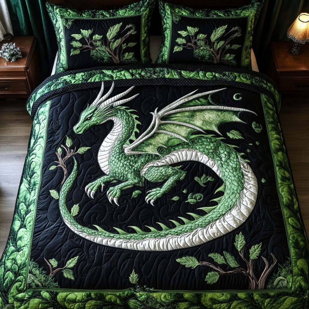 Emerald Wing quilted 3-piece bedding set on a made bed with two matching pillow shams