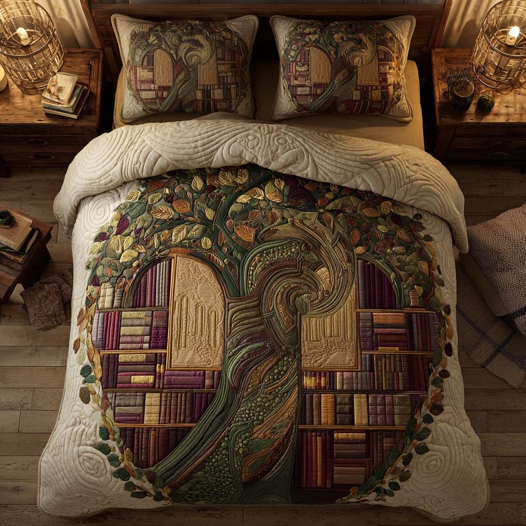 Enchanted Book Haven quilted 3-piece bedding set on a made bed with two matching pillow shams