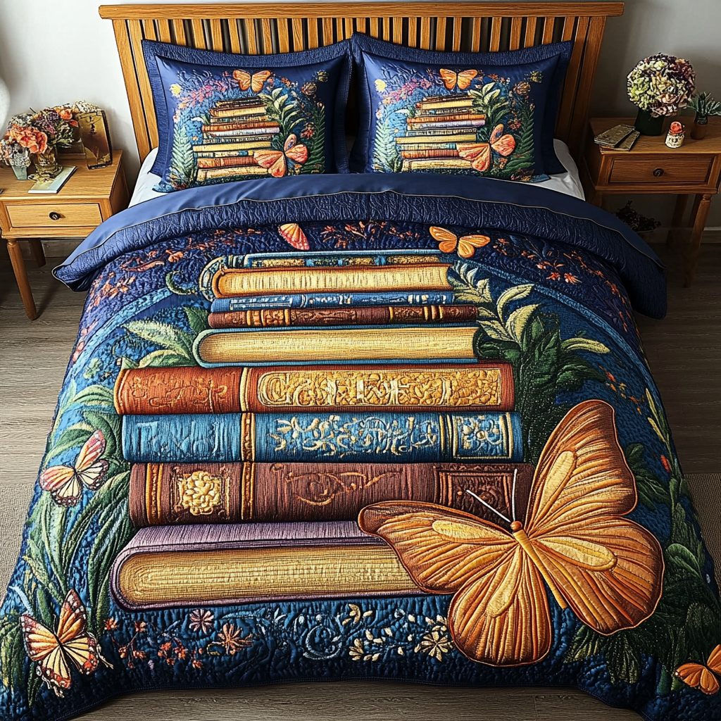 Enchanted Book Layers quilted 3-piece bedding set on a made bed with two matching pillow shams