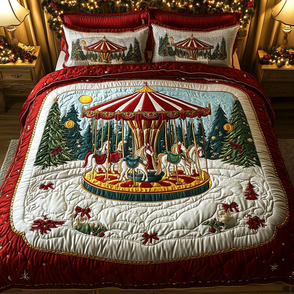 Enchanted Carousel quilted 3-piece bedding set on a made bed with two matching pillow shams