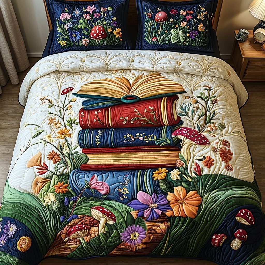 Enchanted Chapters quilted 3-piece bedding set on a made bed with two matching pillow shams