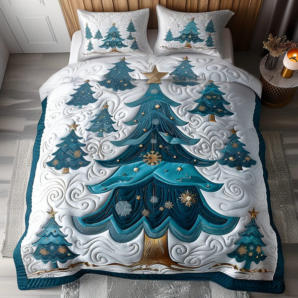 Enchanted Christmas quilted 3-piece bedding set on a made bed in a winter-styled bedroom