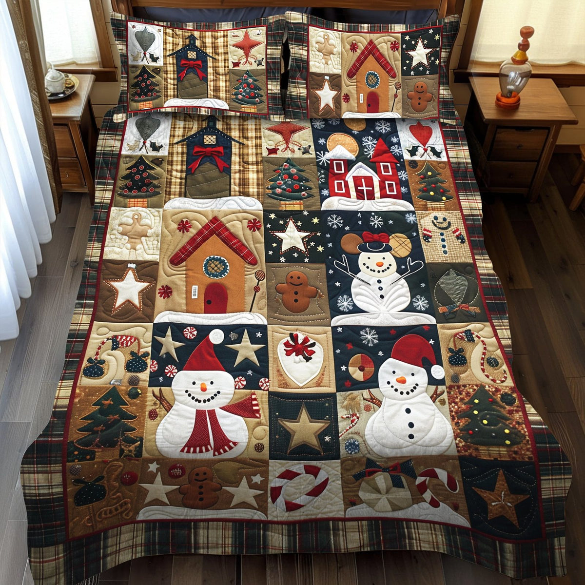 Enchanted Christmas quilted 3-piece bedding set on a made bed in a winter-styled bedroom