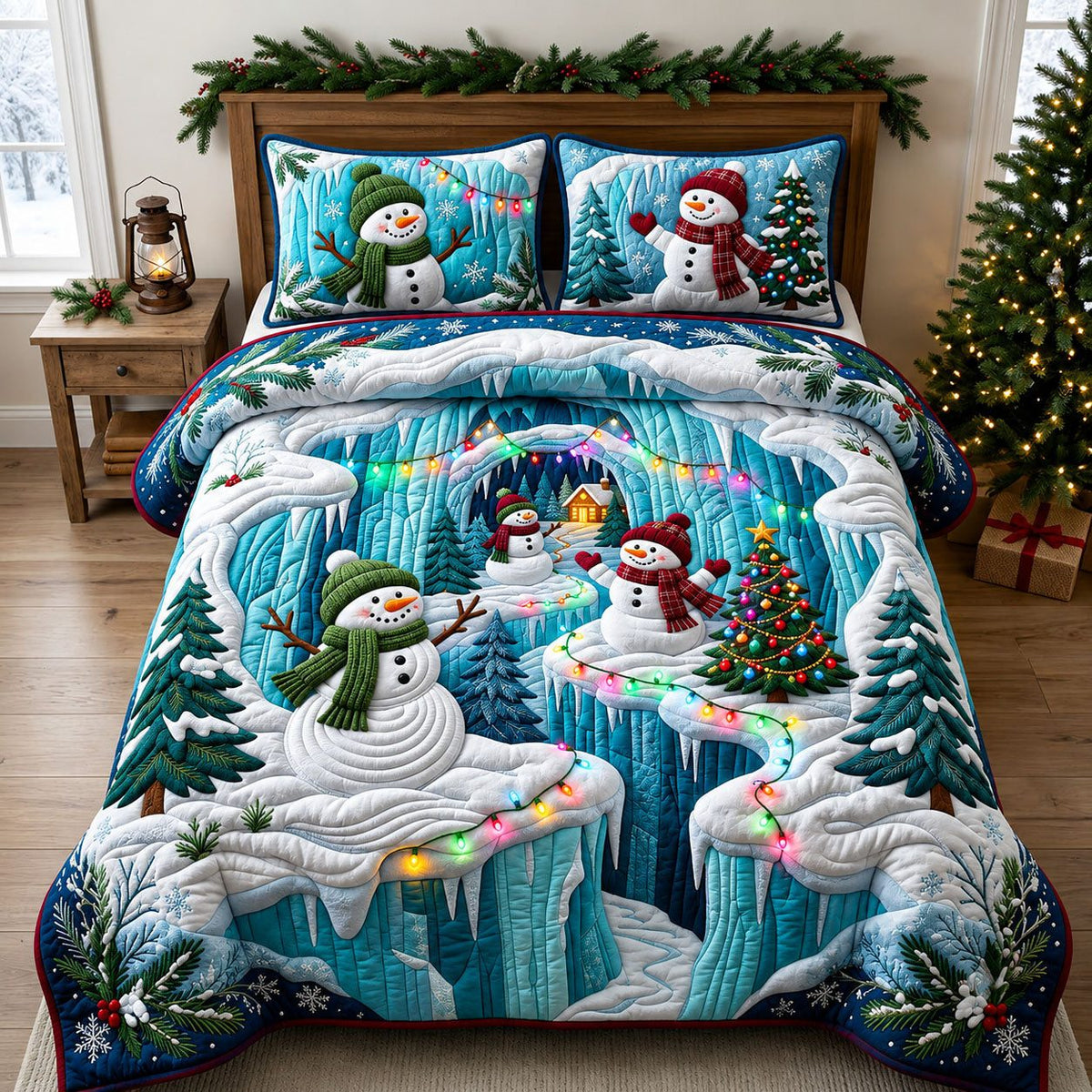 Enchanted Christmas Snowman quilted 3-piece bedding set on a made bed in a winter-styled bedroom