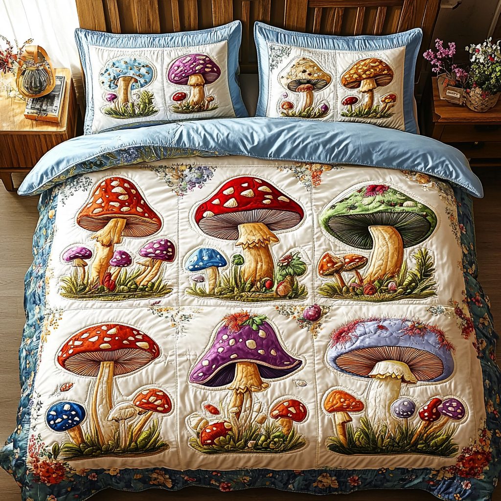 Enchanted Earth quilted 3-piece bedding set on a made bed with two matching pillow shams