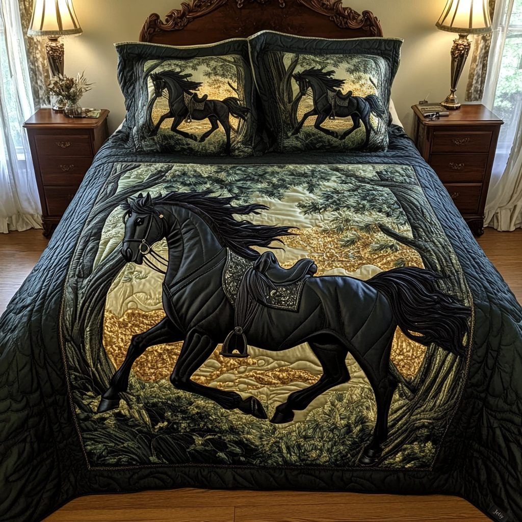 Enchanted Equine quilted 3-piece bedding set on a made bed with two matching pillow shams