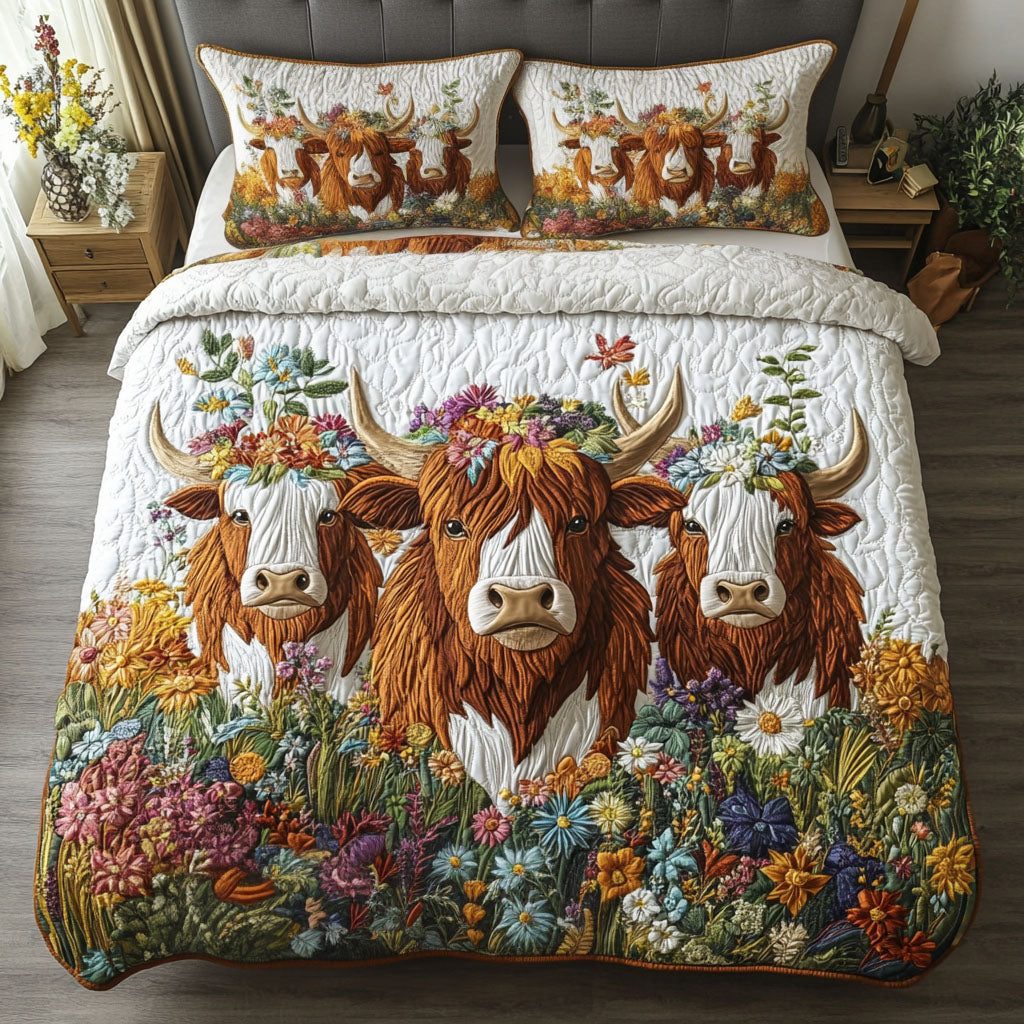 Enchanted Farm quilted 3-piece bedding set on a made bed with two matching pillow shams