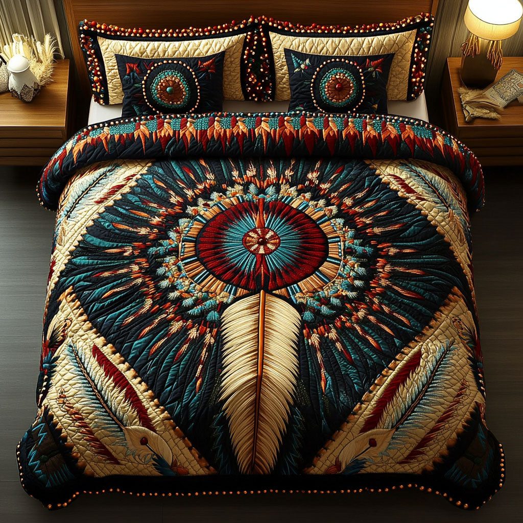 Enchanted Featherscape quilted 3-piece bedding set on a made bed with two matching pillow shams