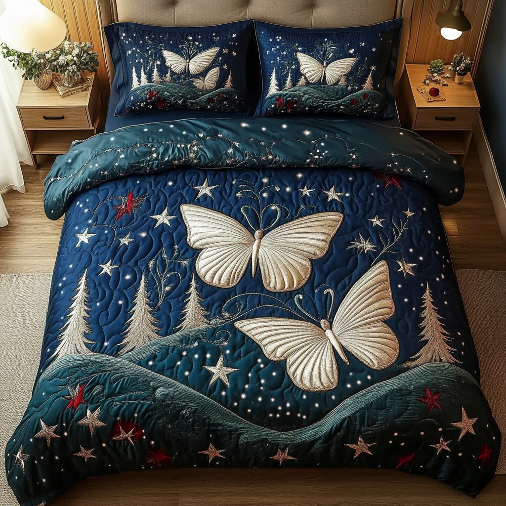 Enchanted Flight quilted 3-piece bedding set on a made bed with two matching pillow shams