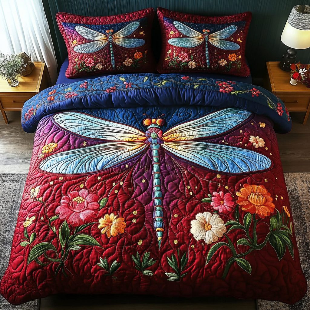 Enchanted Flight quilted 3-piece bedding set on a made bed with two matching pillow shams