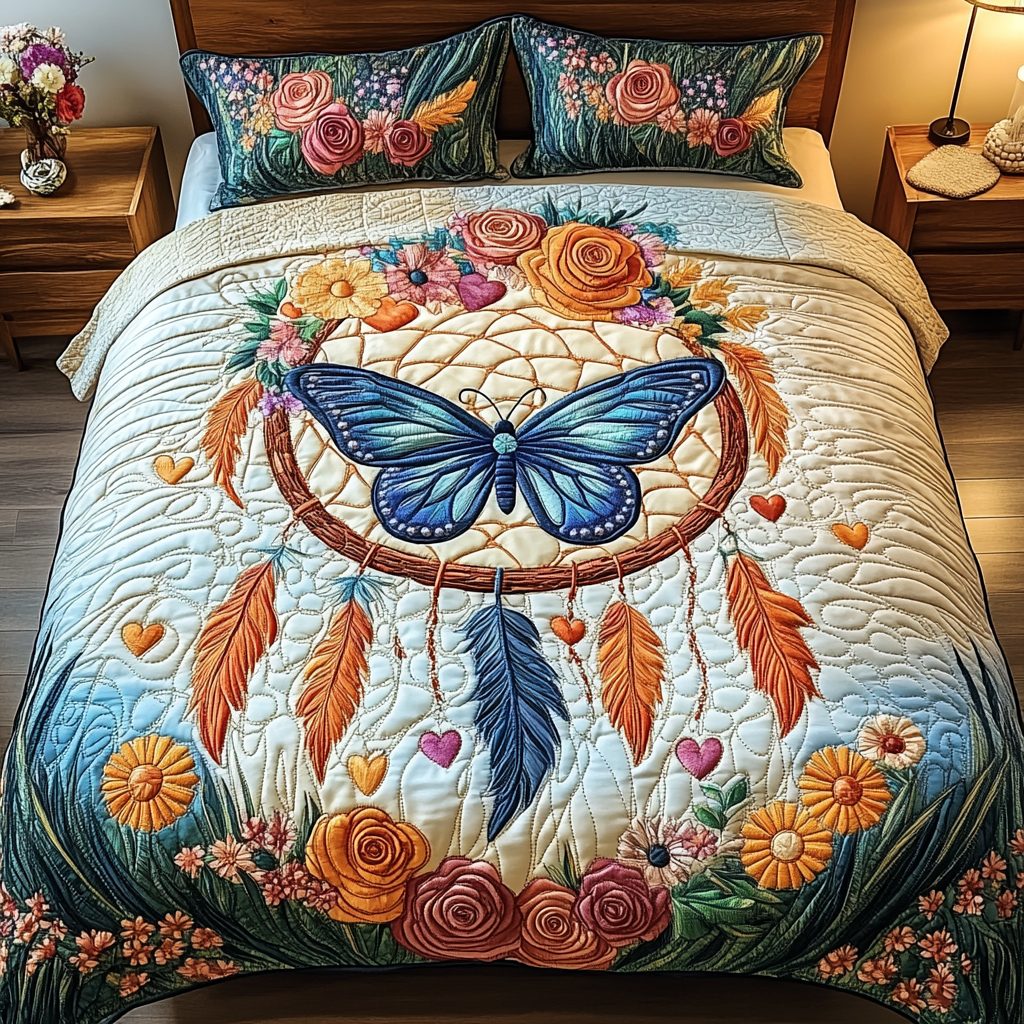 Enchanted Flight quilted 3-piece bedding set on a made bed with two matching pillow shams